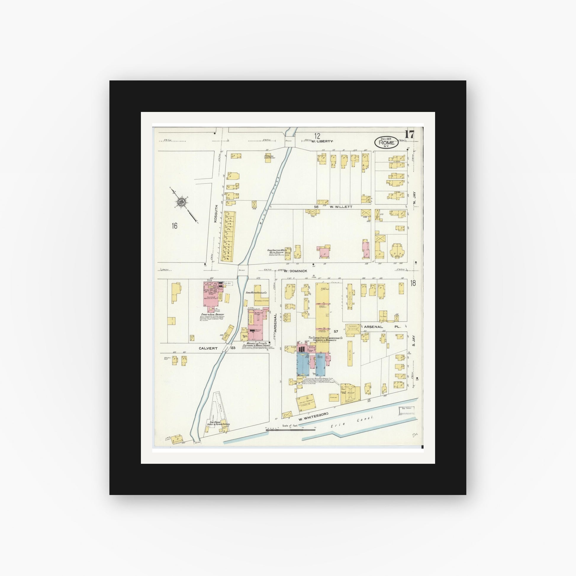 Old map wall art mockup — black gallery frame with white mat — Sanborn Fire Insurance Map from Rome, Oneida County, New York (1909), Sheet #0017