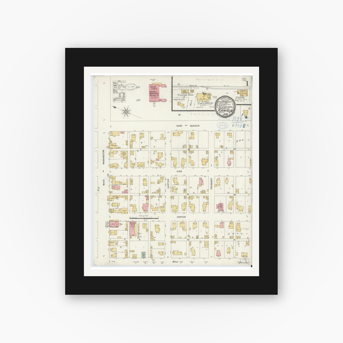 Old map wall art mockup — black gallery frame with white mat — Sanborn Fire Insurance Map from Plainfield, Hendricks County, Indiana (1898), Sheet #0001