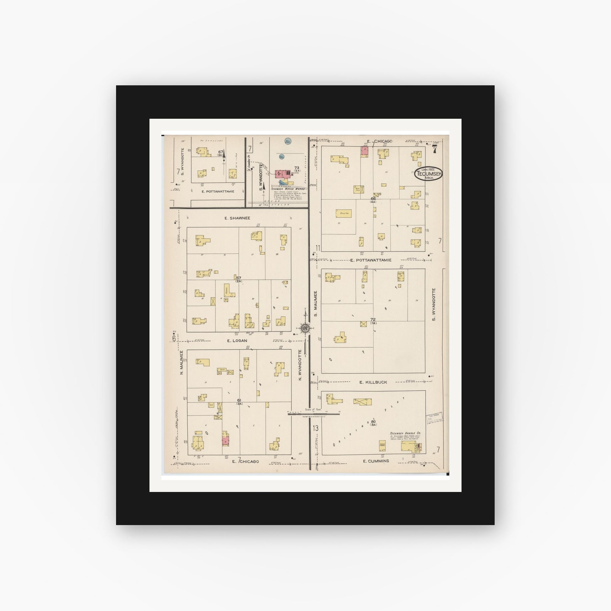 Old map wall art mockup — black gallery frame with white mat — Sanborn Fire Insurance Map from Tecumseh, Lenawee County, Michigan (1922), Sheet #0007