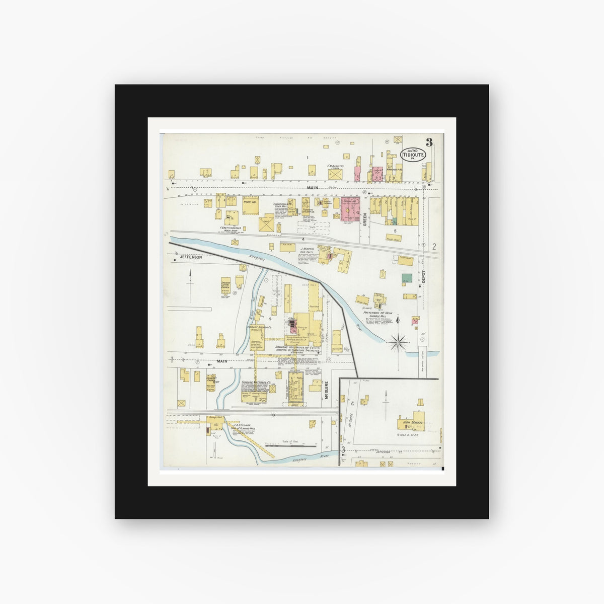 Old map wall art mockup — black gallery frame with white mat — Sanborn Fire Insurance Map from Tidioute, Warren County, Pennsylvania (1900), Sheet #0003