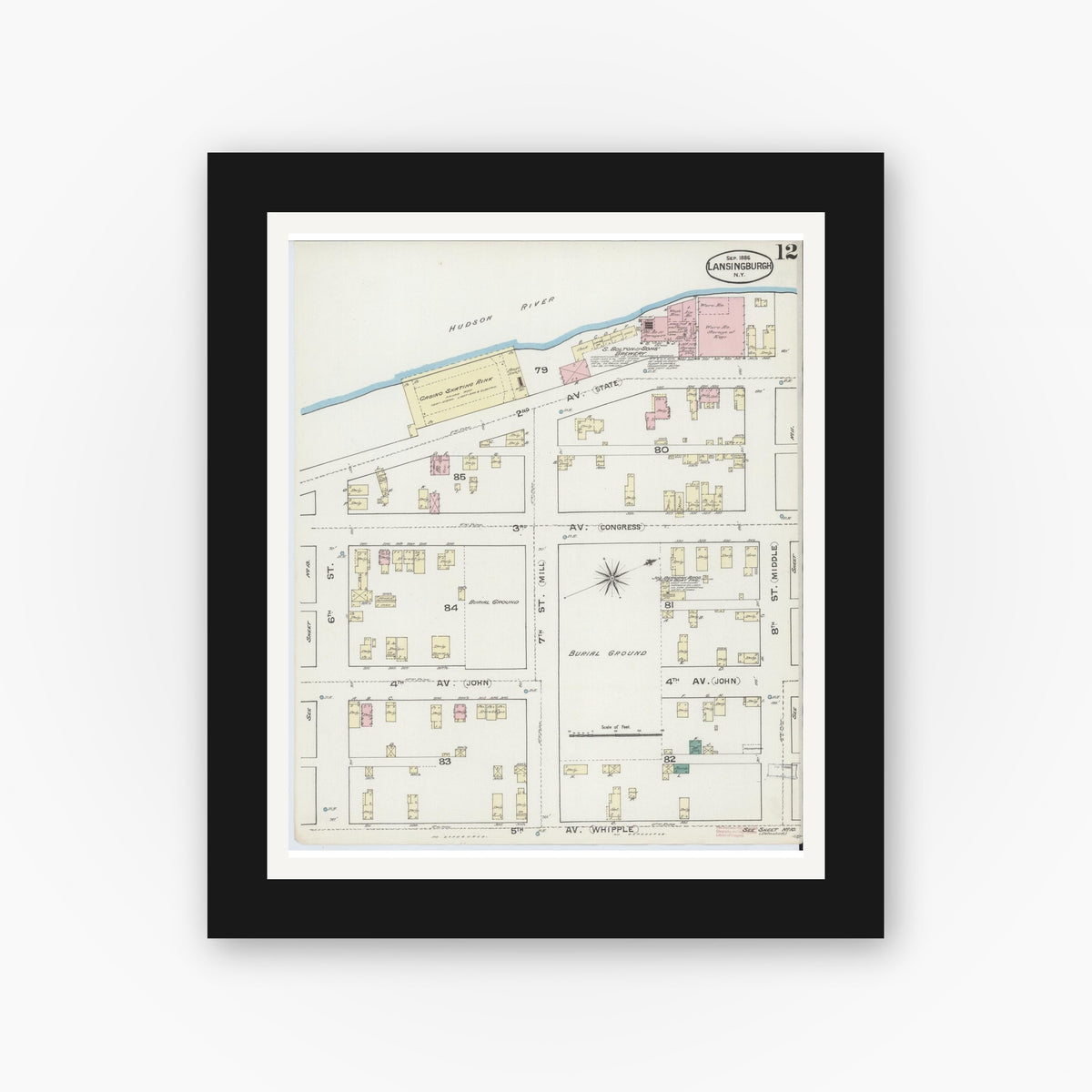 Old map wall art mockup — black gallery frame with white mat — Sanborn Fire Insurance Map from Lansingburg, Rensselaer County, New York (1886), Sheet #0012