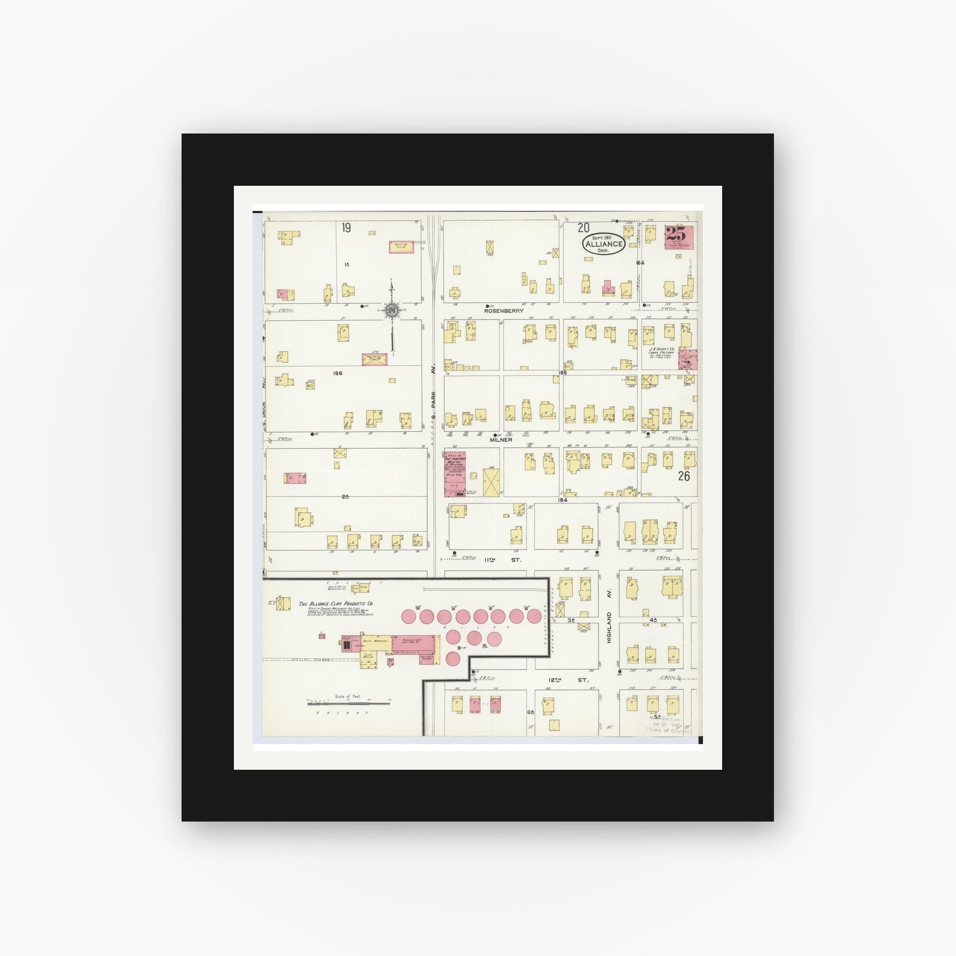Old map wall art mockup — black gallery frame with white mat — Sanborn Fire Insurance Map from Alliance, Stark County, Ohio (1911), Sheet #0025