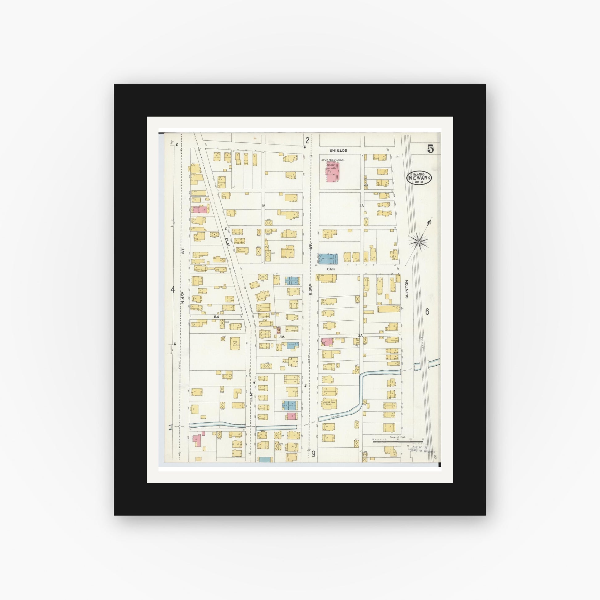 Old map wall art mockup — black gallery frame with white mat — Sanborn Fire Insurance Map from Newark, Licking County, Ohio (1905), Sheet #0005