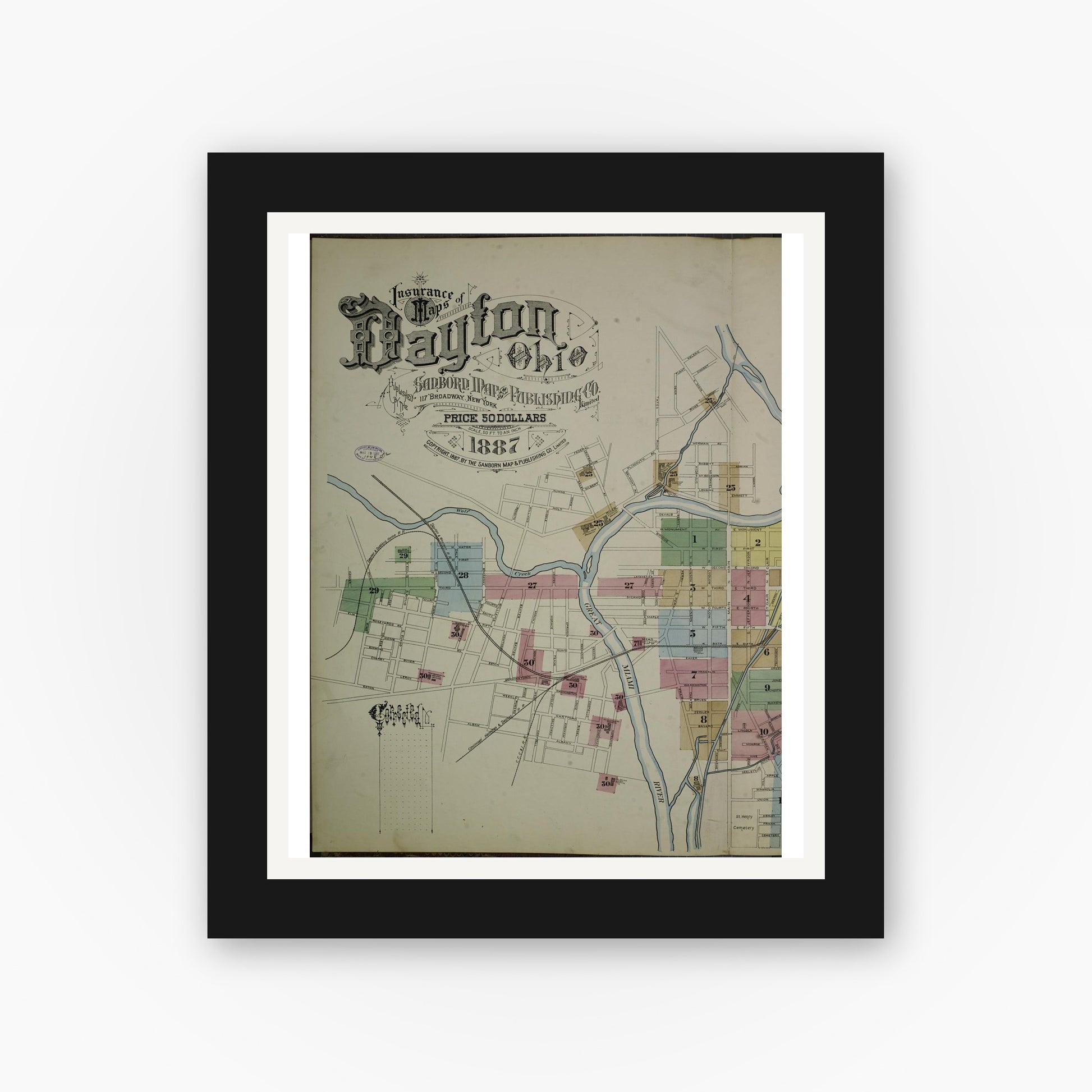 Old map wall art mockup — black gallery frame with white mat — Sanborn Fire Insurance Map from Dayton, Montgomery County, Ohio (1887), Sheet #0001