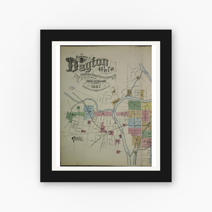 Old map wall art mockup — black gallery frame with white mat — Sanborn Fire Insurance Map from Dayton, Montgomery County, Ohio (1887), Sheet #0001
