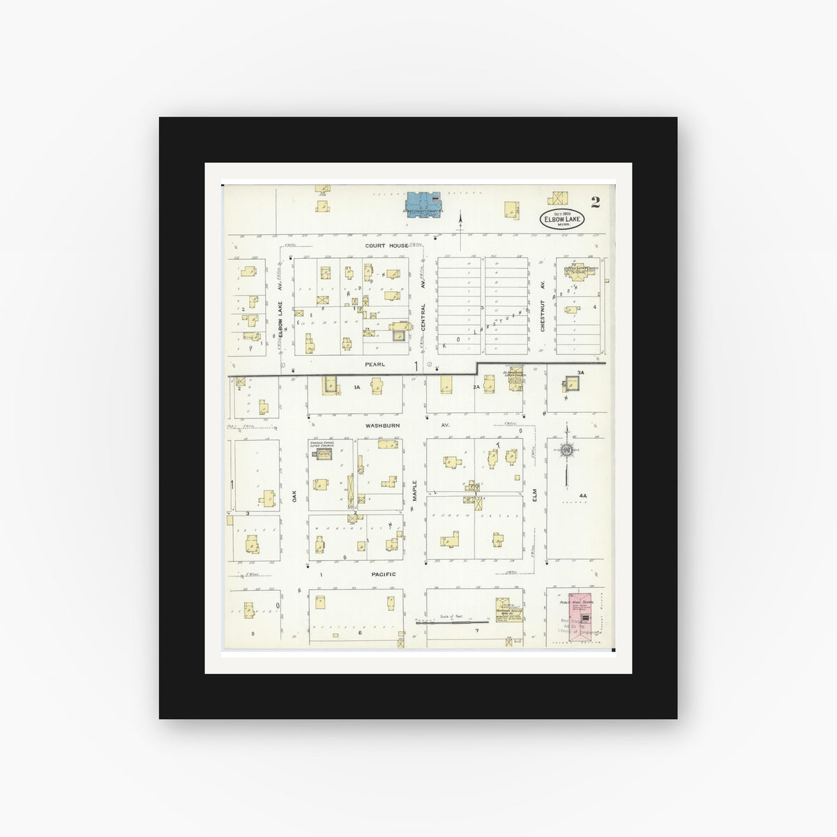 Old map wall art mockup — black gallery frame with white mat — Sanborn Fire Insurance Map from Elbow Lake, Grant County, Minnesota (1909), Sheet #0002