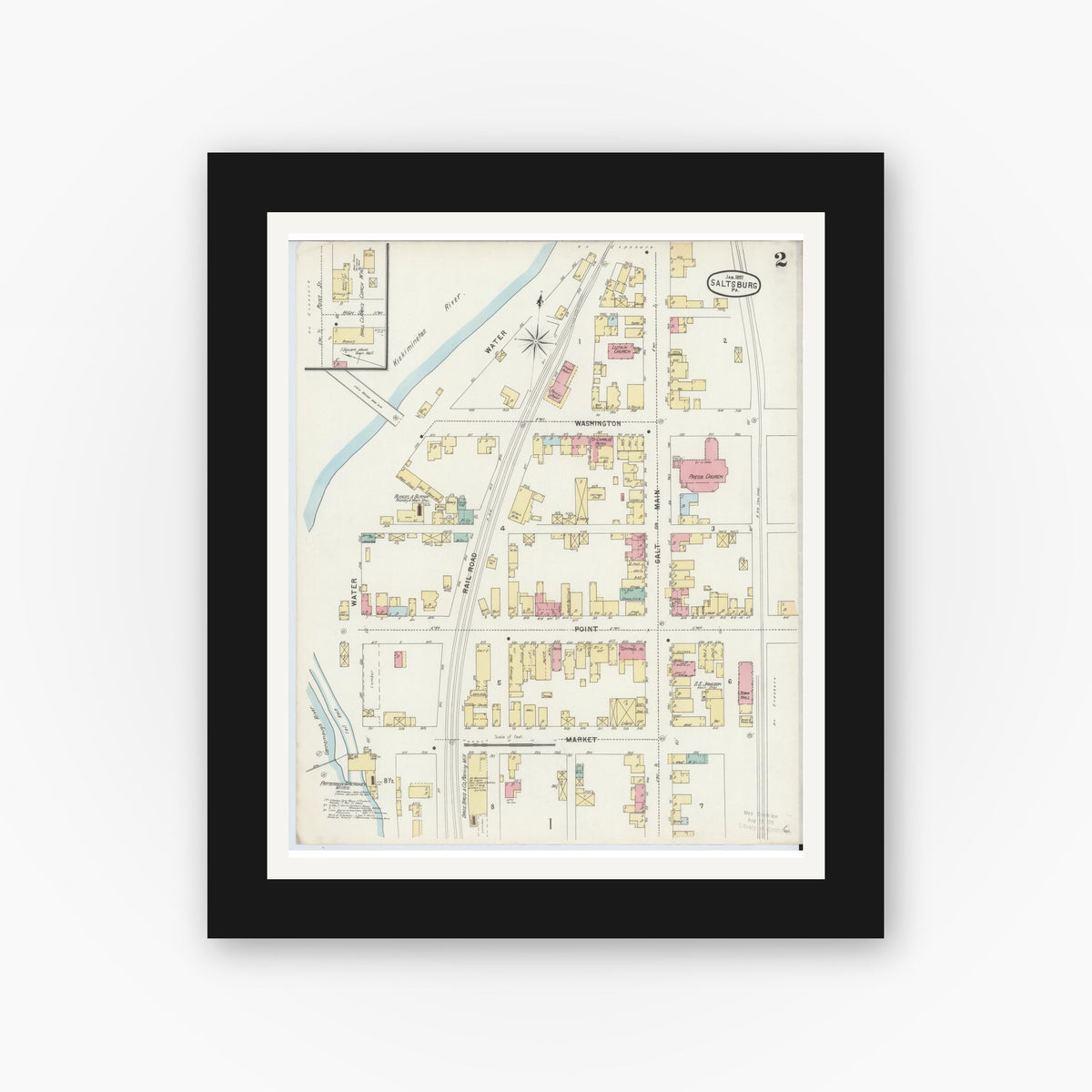 Old map wall art mockup — black gallery frame with white mat — Sanborn Fire Insurance Map from Saltsburg, Indiana County, Pennsylvania (1897), Sheet #0002