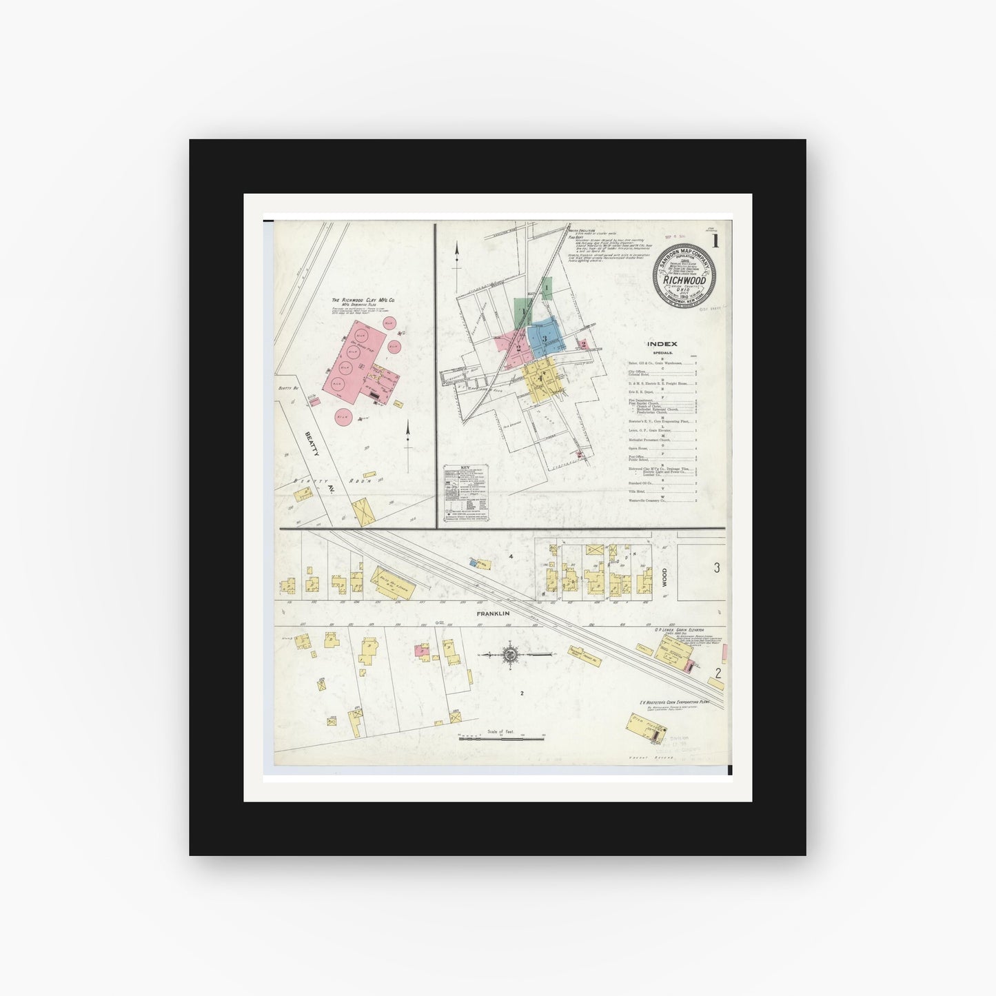 Old map wall art mockup — black gallery frame with white mat — Sanborn Fire Insurance Map from Richwood, Union County, Ohio (1910), Sheet #0001