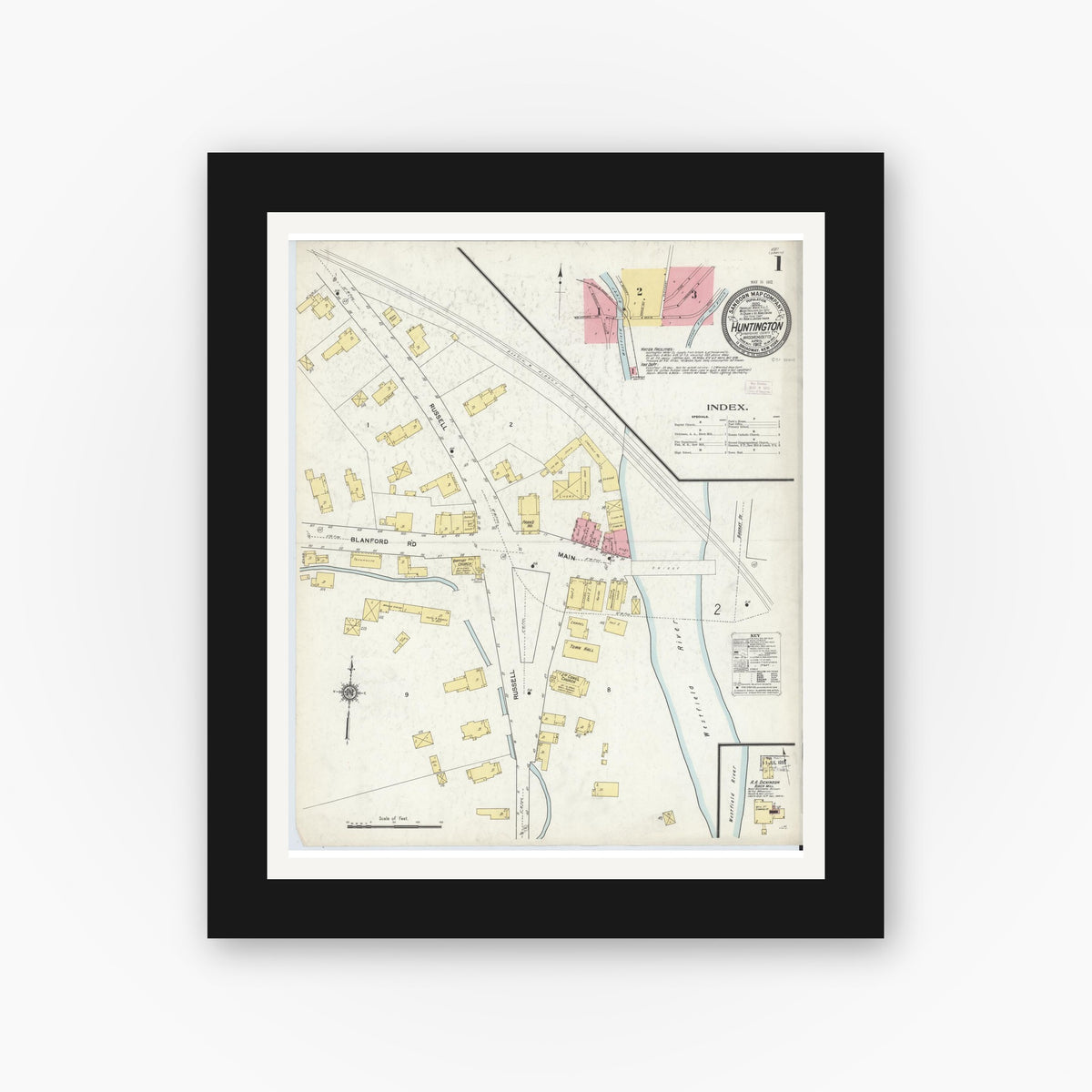 Old map wall art mockup — black gallery frame with white mat — Sanborn Fire Insurance Map from Huntington, Hampshire County, Massachusetts (1912) - Complete Map Set