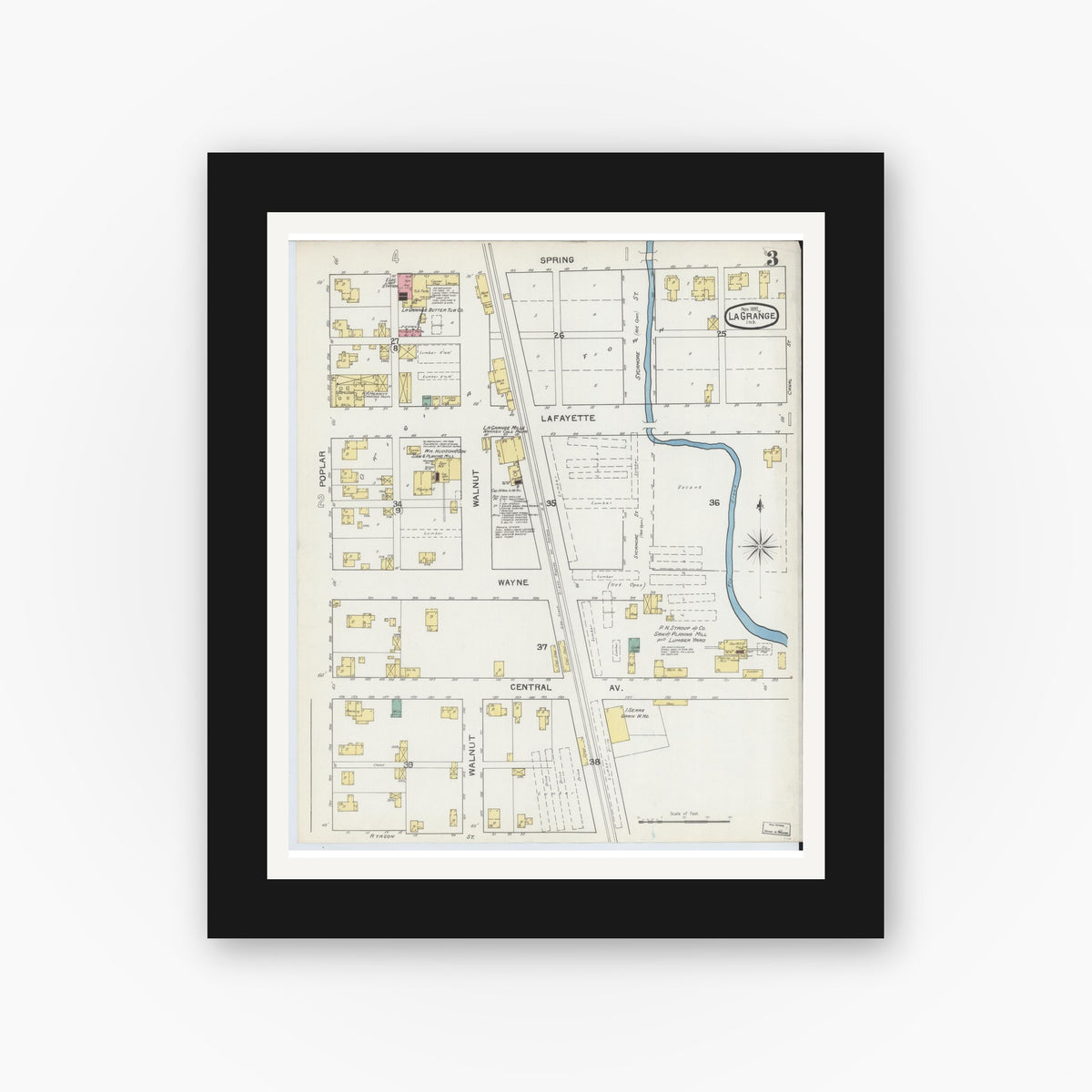 Old map wall art mockup — black gallery frame with white mat — Sanborn Fire Insurance Map from Lagrange, LaGrange County, Indiana (1892), Sheet #0003