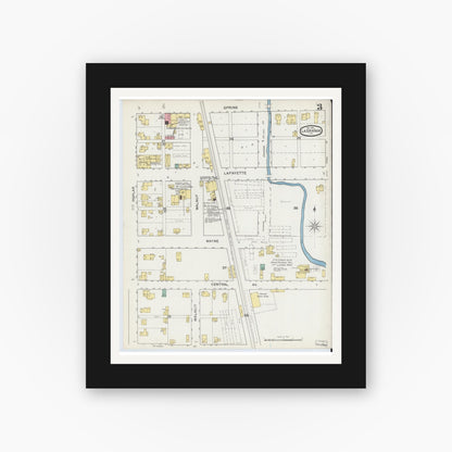 Old map wall art mockup — black gallery frame with white mat — Sanborn Fire Insurance Map from Lagrange, LaGrange County, Indiana (1892), Sheet #0003