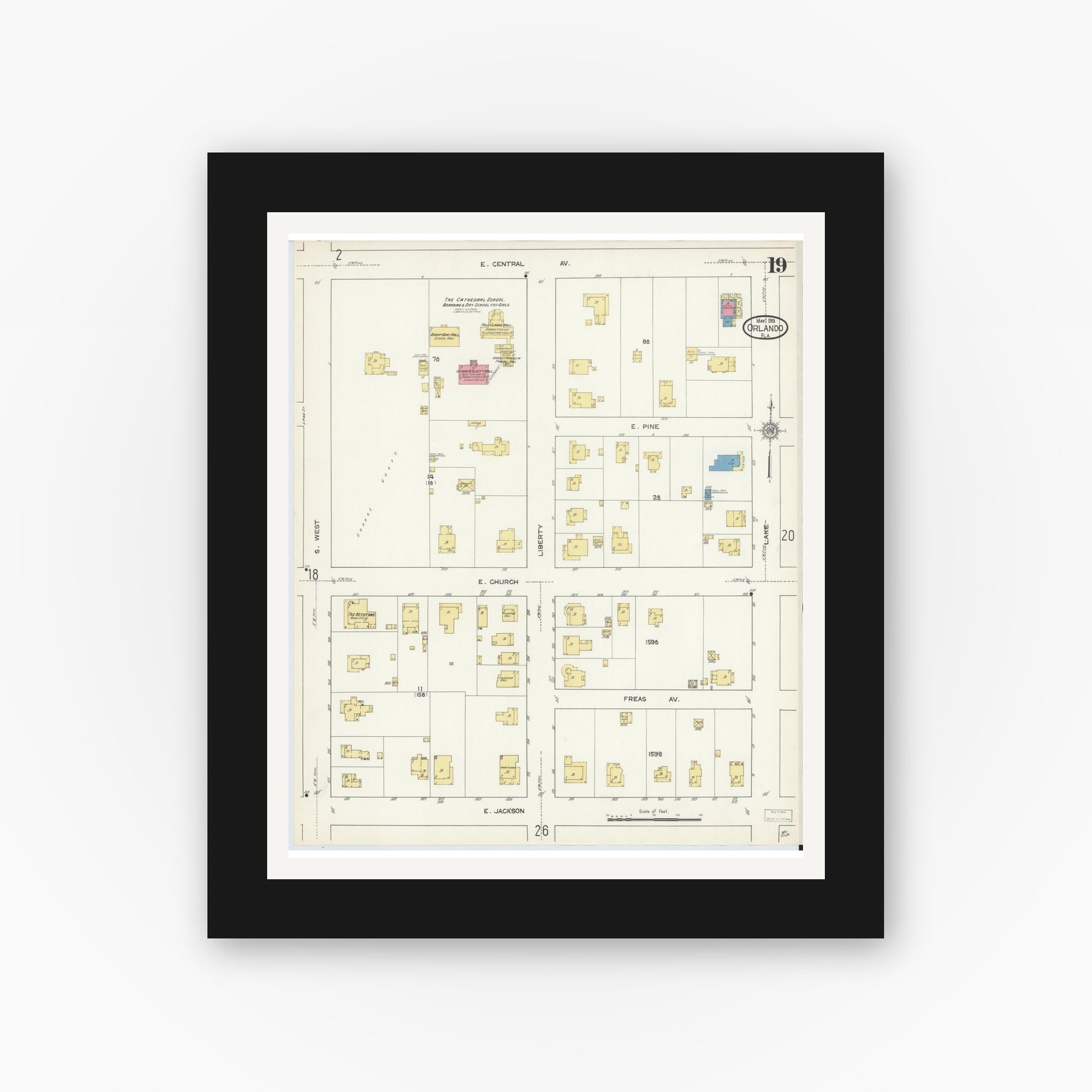 Old map wall art mockup — black gallery frame with white mat — Sanborn Fire Insurance Map from Orlando, Orange County, Florida (1913), Sheet #0019