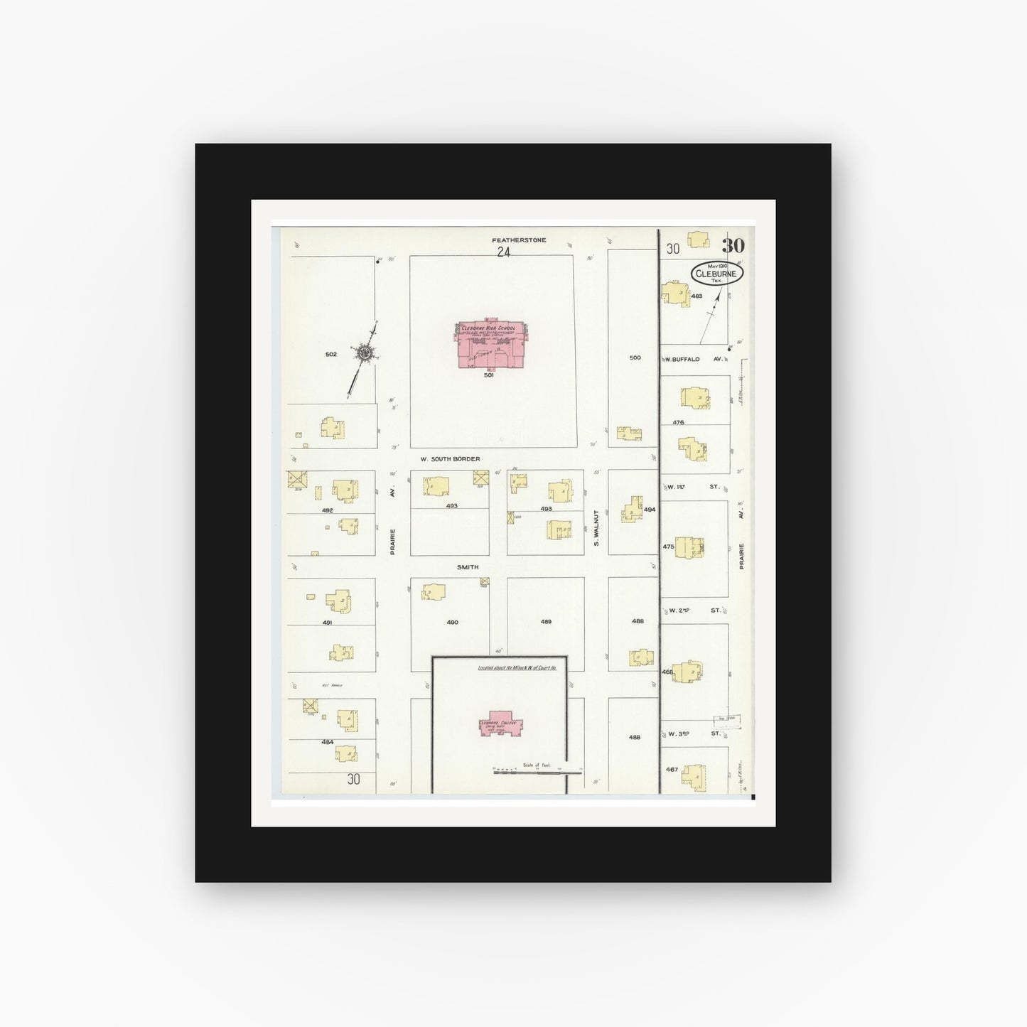 Old map wall art mockup — black gallery frame with white mat — Sanborn Fire Insurance Map from Cleburne, Johnson County, Texas (1910), Sheet #0030