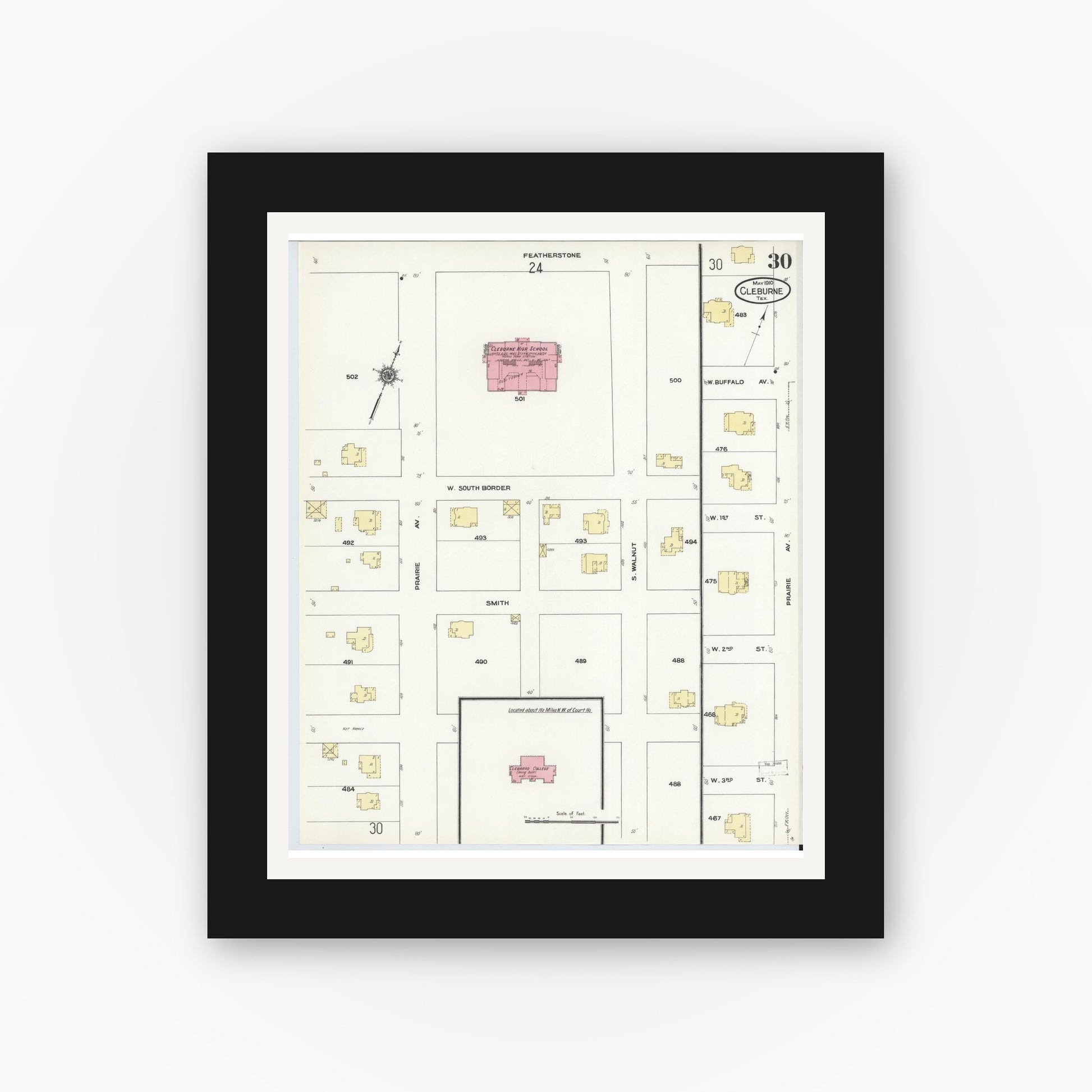 Old map wall art mockup — black gallery frame with white mat — Sanborn Fire Insurance Map from Cleburne, Johnson County, Texas (1910), Sheet #0030