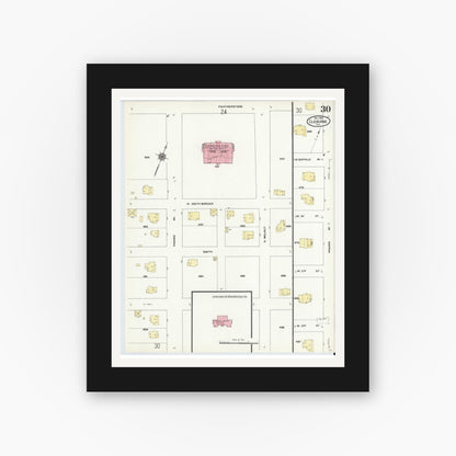 Old map wall art mockup — black gallery frame with white mat — Sanborn Fire Insurance Map from Cleburne, Johnson County, Texas (1910), Sheet #0030