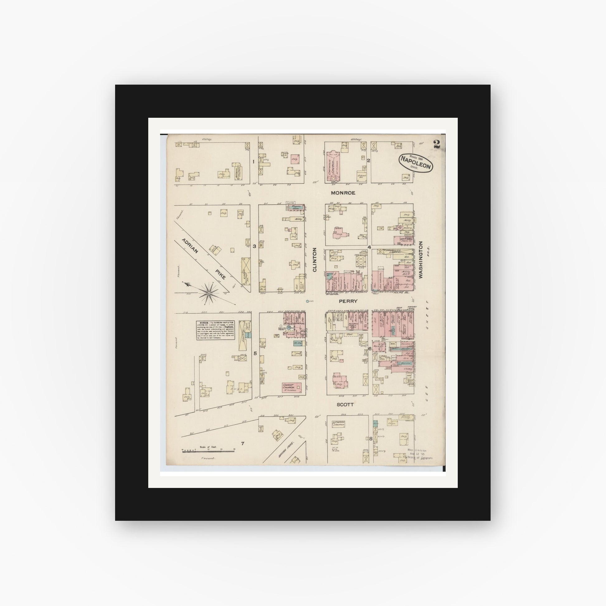 Old map wall art mockup — black gallery frame with white mat — Sanborn Fire Insurance Map from Napoleon, Henry County, Ohio (1884), Sheet #0002