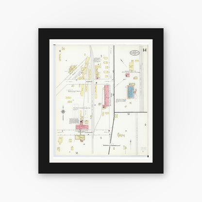 Old map wall art mockup — black gallery frame with white mat — Sanborn Fire Insurance Map from Charlotte, Eaton County, Michigan (1911), Sheet #0014