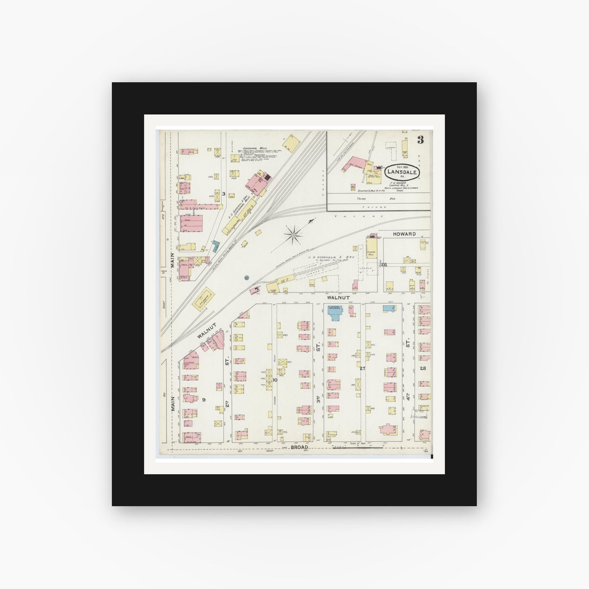 Old map wall art mockup — black gallery frame with white mat — Sanborn Fire Insurance Map from Lansdale, Montgomery County, Pennsylvania (1891), Sheet #0003