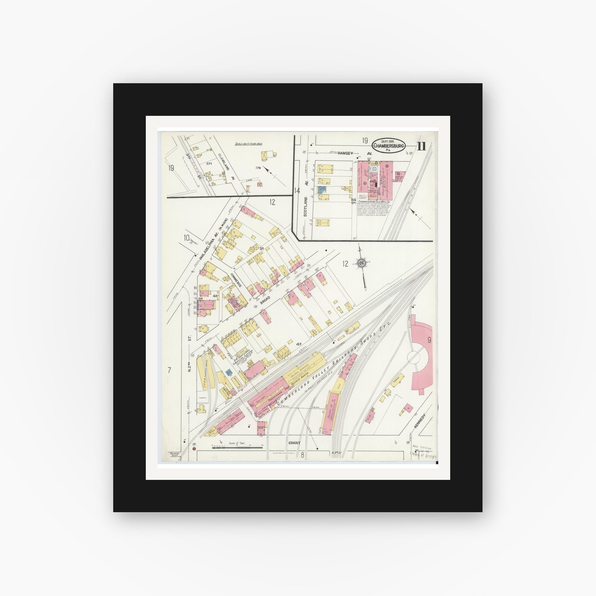 Old map wall art mockup — black gallery frame with white mat — Sanborn Fire Insurance Map from Chambersburg, Franklin County, Pennsylvania (1916), Sheet #0011