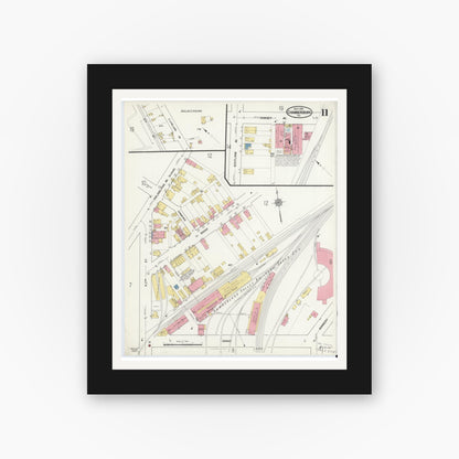 Old map wall art mockup — black gallery frame with white mat — Sanborn Fire Insurance Map from Chambersburg, Franklin County, Pennsylvania (1916), Sheet #0011