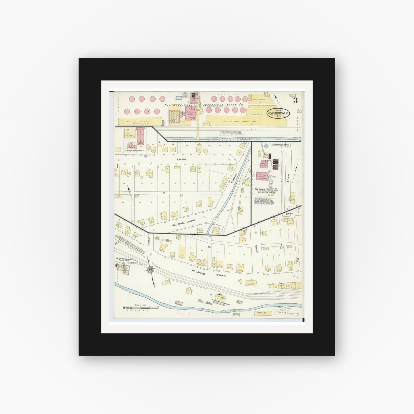 Old map wall art mockup — black gallery frame with white mat — Sanborn Fire Insurance Map from New Straitsville, Perry County, Ohio (1913), Sheet #0003