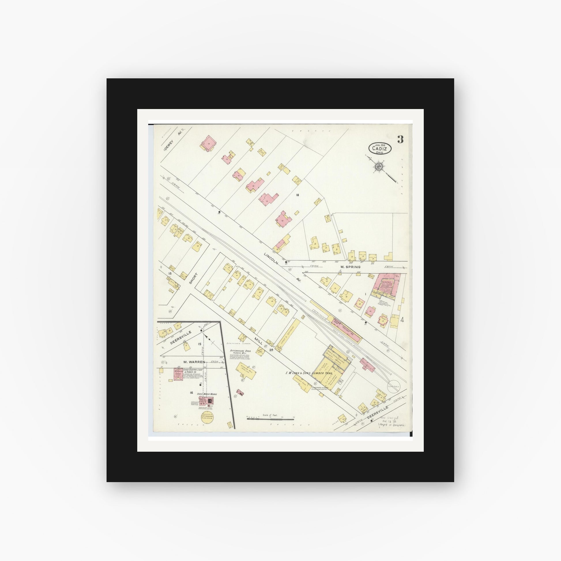 Old map wall art mockup — black gallery frame with white mat — Sanborn Fire Insurance Map from Cadiz, Harrison County, Ohio (1916), Sheet #0003