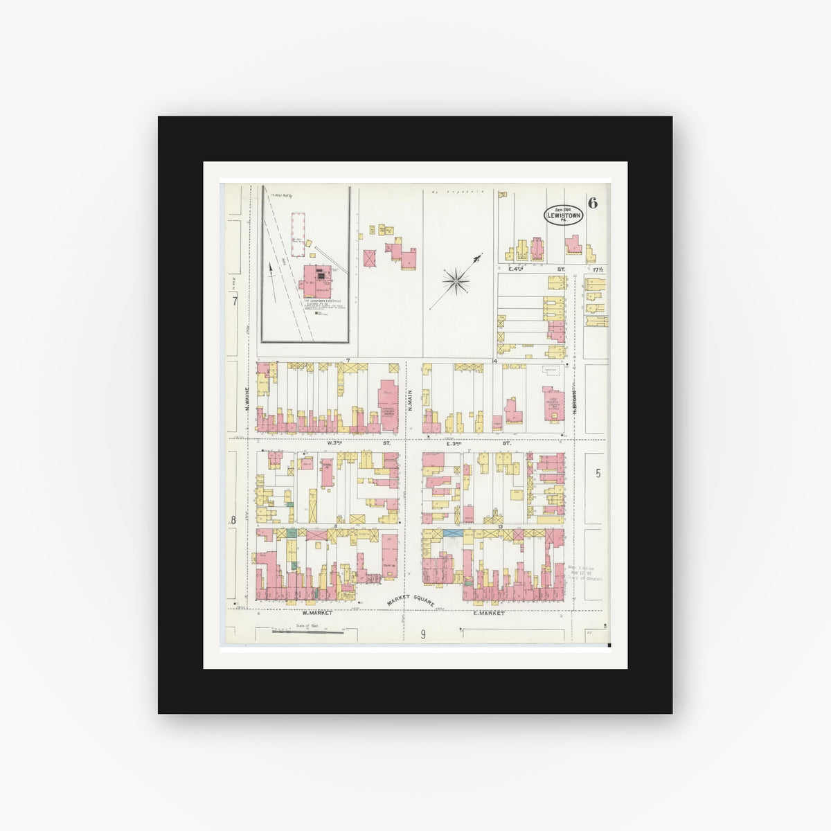 Old map wall art mockup — black gallery frame with white mat — Sanborn Fire Insurance Map from Lewistown, Mifflin County, Pennsylvania (1904), Sheet #0006