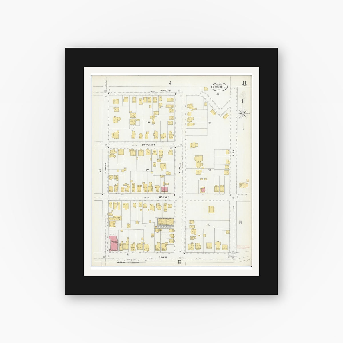 Old map wall art mockup — black gallery frame with white mat — Sanborn Fire Insurance Map from Peekskill, Westchester County, New York (1905), Sheet #0008