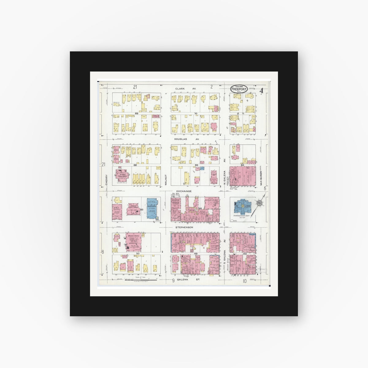 Old map wall art mockup — black gallery frame with white mat — Sanborn Fire Insurance Map from Freeport, Stephenson County, Illinois (1918), Sheet #0004