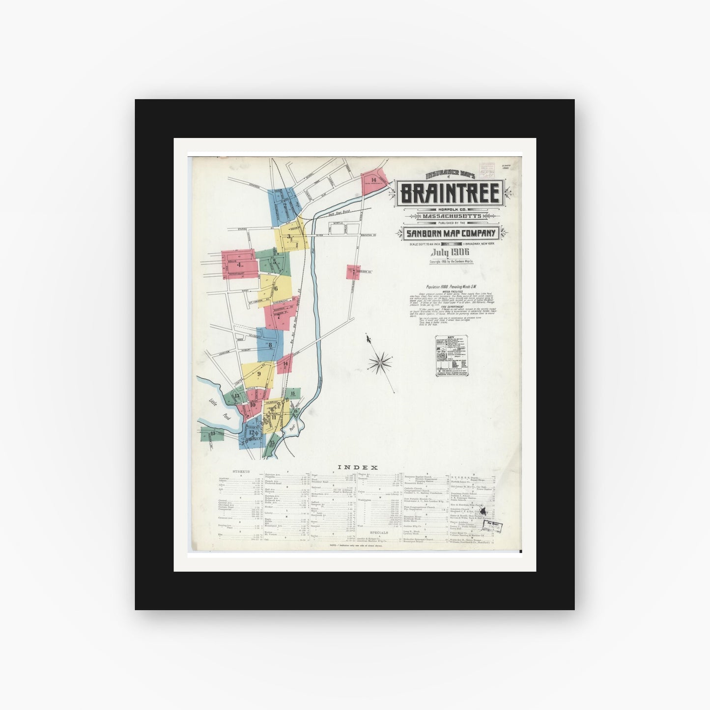 Old map wall art mockup — black gallery frame with white mat — Sanborn Fire Insurance Map from Braintree, Norfolk County, Massachusetts (1906), Sheet #0001