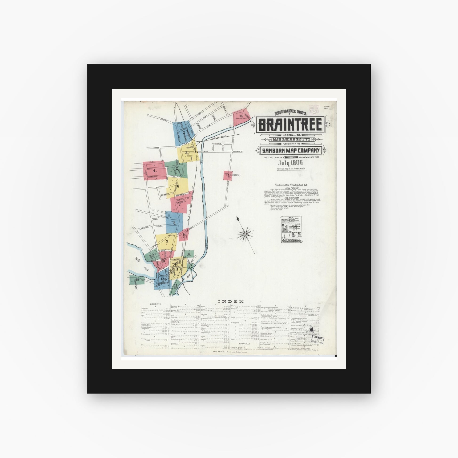 Old map wall art mockup — black gallery frame with white mat — Sanborn Fire Insurance Map from Braintree, Norfolk County, Massachusetts (1906), Sheet #0001