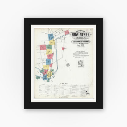 Old map wall art mockup — black gallery frame with white mat — Sanborn Fire Insurance Map from Braintree, Norfolk County, Massachusetts (1906), Sheet #0001