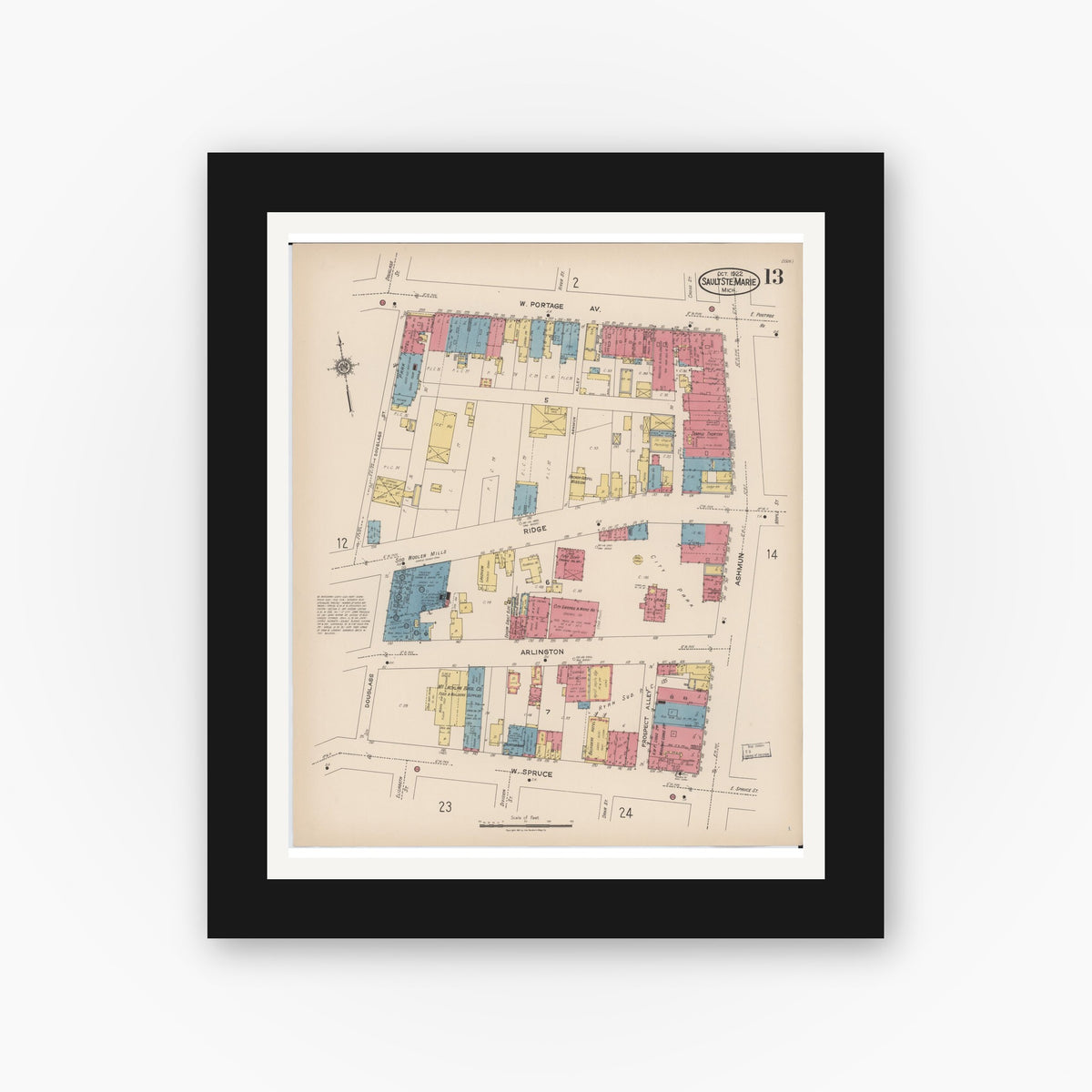 Old map wall art mockup — black gallery frame with white mat — Sanborn Fire Insurance Map from Sault Sainte Marie, Chippewa County, Michigan (1922), Sheet #0013