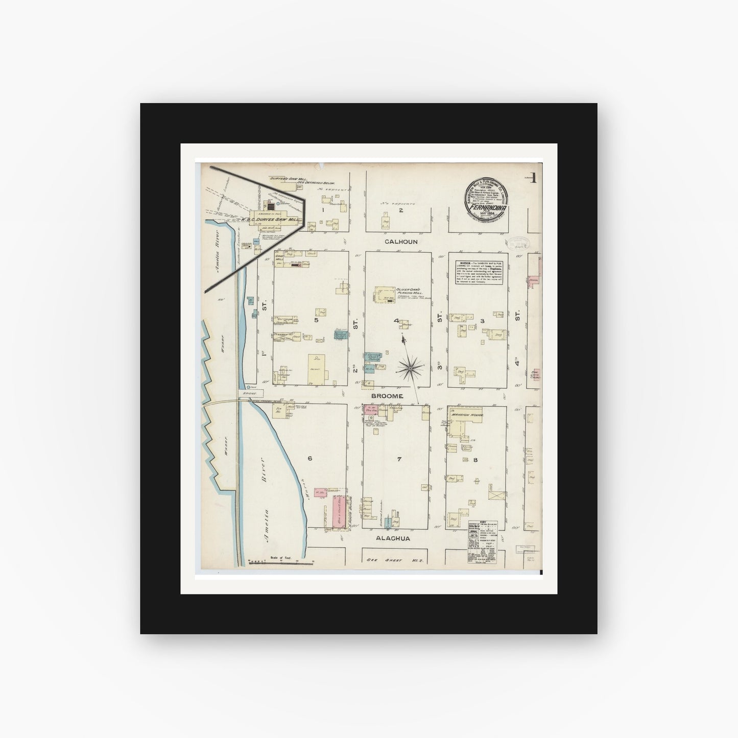 Old map wall art mockup — black gallery frame with white mat — Sanborn Fire Insurance Map from Fernandina, Nassau County, Florida (1884), Sheet #0001