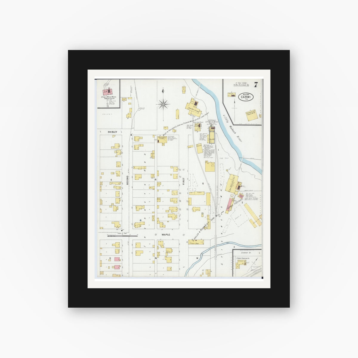 Old map wall art mockup — black gallery frame with white mat — Sanborn Fire Insurance Map from Carmi, White County, Illinois (1899), Sheet #0007