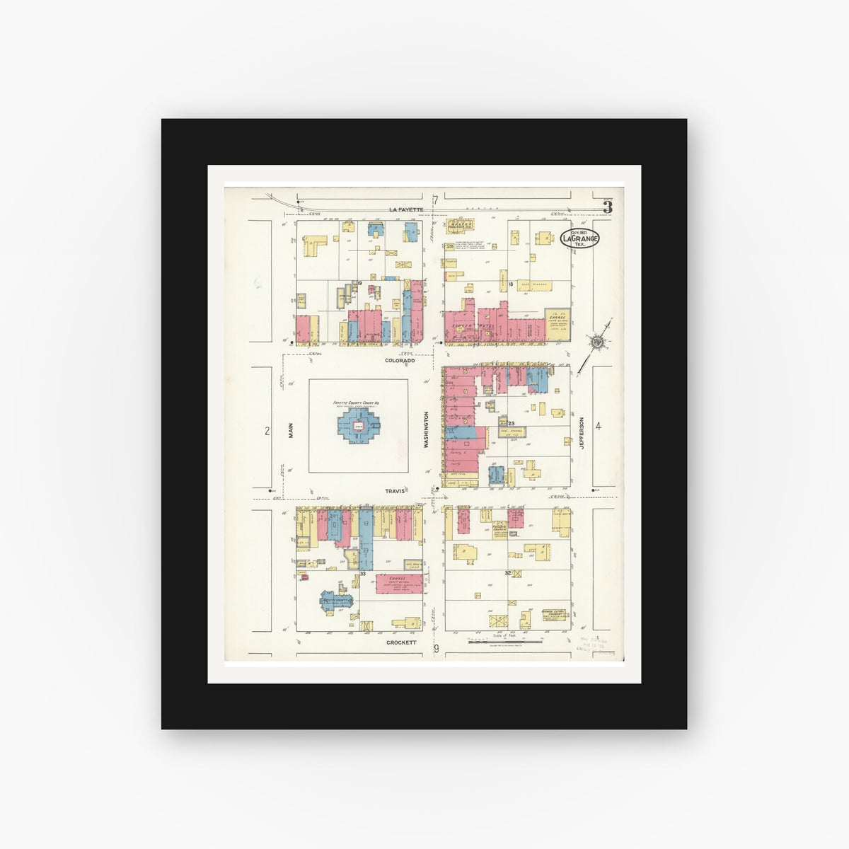 Old map wall art mockup — black gallery frame with white mat — Sanborn Fire Insurance Map from La Grange, Fayette County, Texas (1921), Sheet #0003
