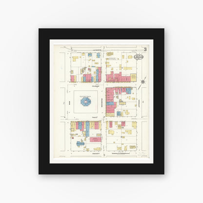Old map wall art mockup — black gallery frame with white mat — Sanborn Fire Insurance Map from La Grange, Fayette County, Texas (1921), Sheet #0003