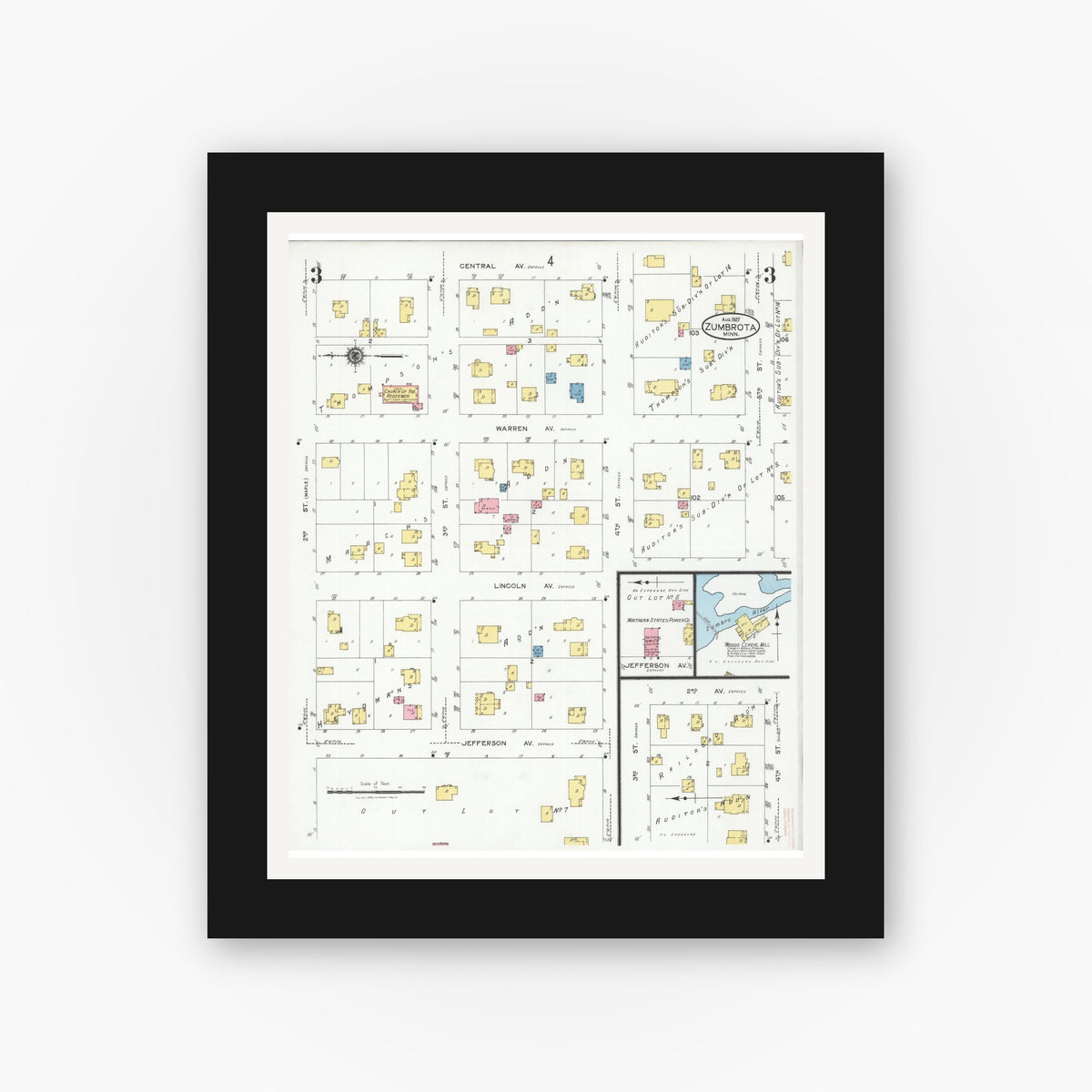 Old map wall art mockup — black gallery frame with white mat — Sanborn Fire Insurance Map from Zumbrota, Goodhue County, Minnesota (1927), Sheet #0003