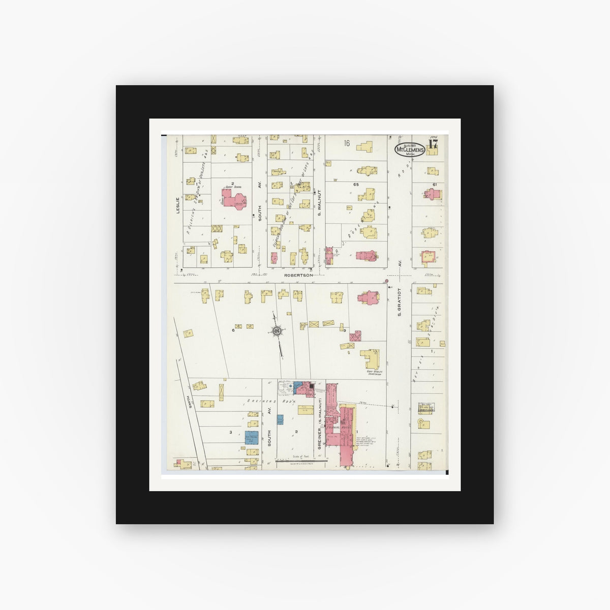 Old map wall art mockup — black gallery frame with white mat — Sanborn Fire Insurance Map from Mount Clemens, Macomb County, Michigan (1921), Sheet #0017