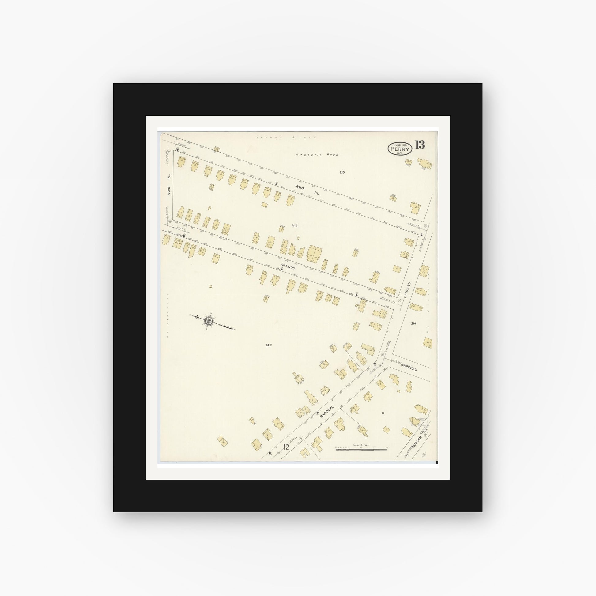 Old map wall art mockup — black gallery frame with white mat — Sanborn Fire Insurance Map from Perry, Wyoming County, New York (1913), Sheet #0013