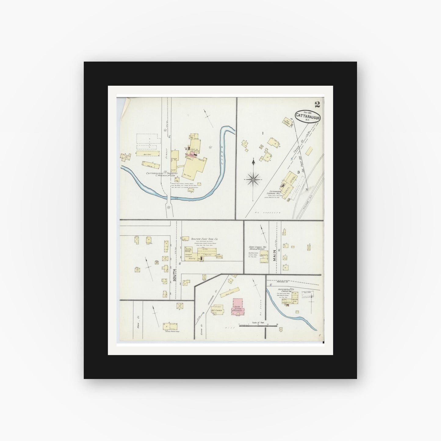 Old map wall art mockup — black gallery frame with white mat — Sanborn Fire Insurance Map from Cattaraugus, Cattaraugus County, New York (1891), Sheet #0002
