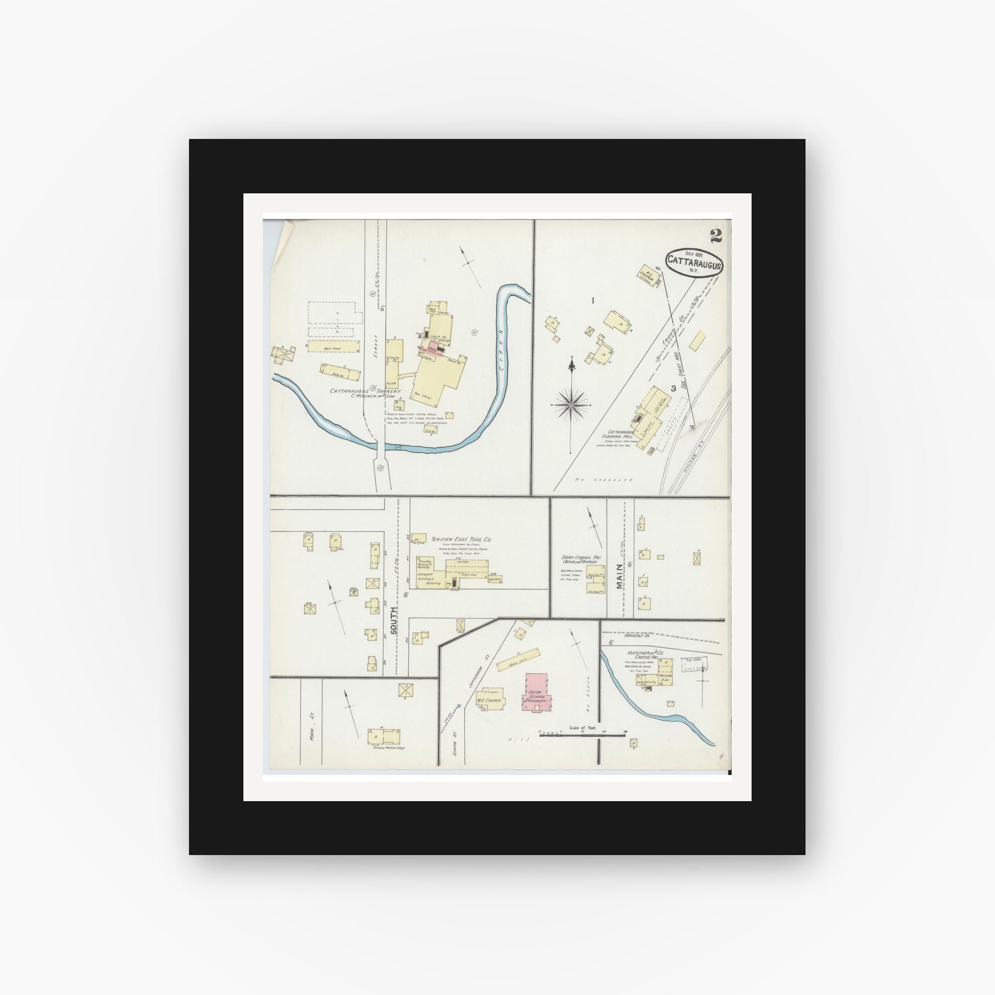 Old map wall art mockup — black gallery frame with white mat — Sanborn Fire Insurance Map from Cattaraugus, Cattaraugus County, New York (1891), Sheet #0002