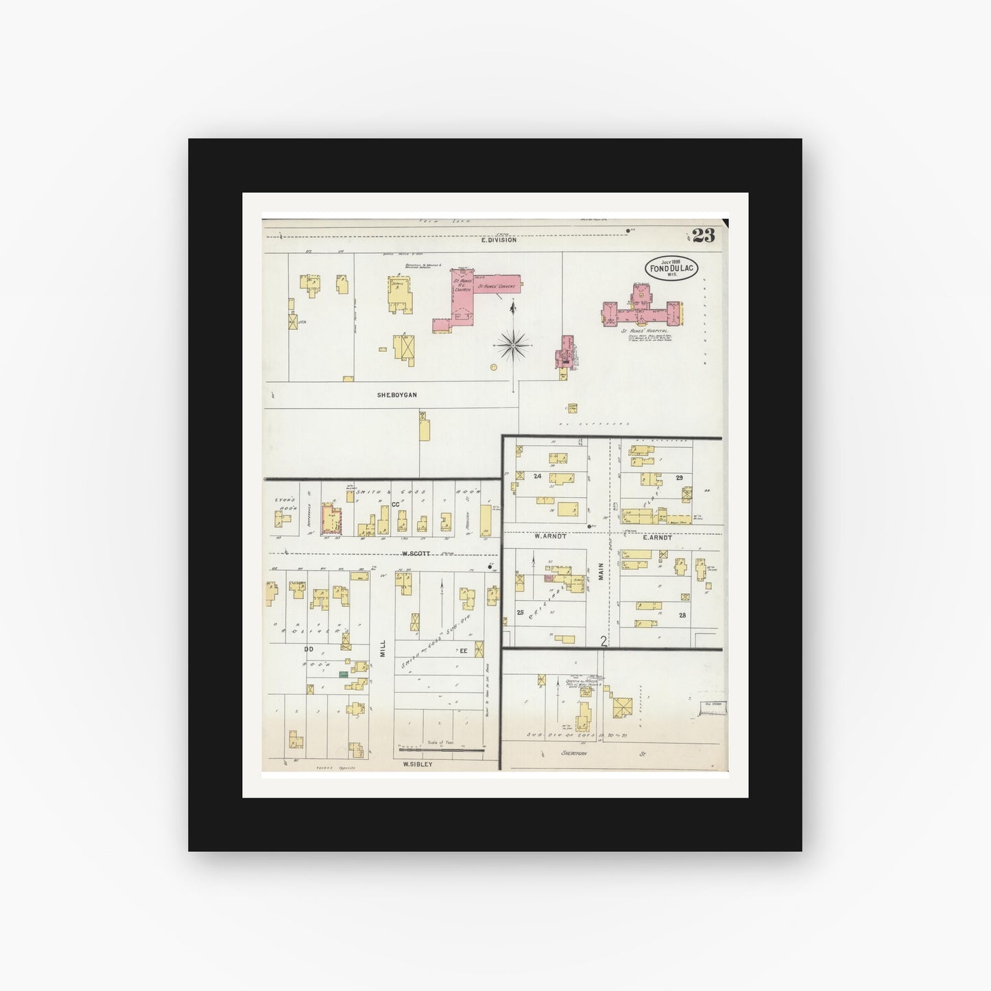 Old map wall art mockup — black gallery frame with white mat — Sanborn Fire Insurance Map from Fond du Lac, Fond du Lac County, Wisconsin (1898), Sheet #0023