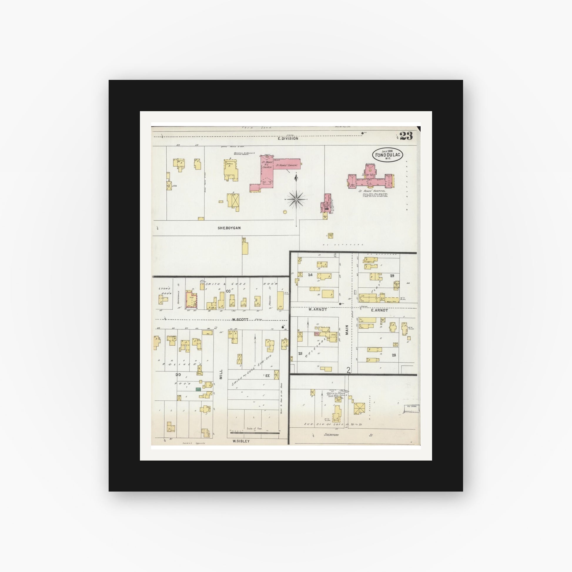 Old map wall art mockup — black gallery frame with white mat — Sanborn Fire Insurance Map from Fond du Lac, Fond du Lac County, Wisconsin (1898), Sheet #0023