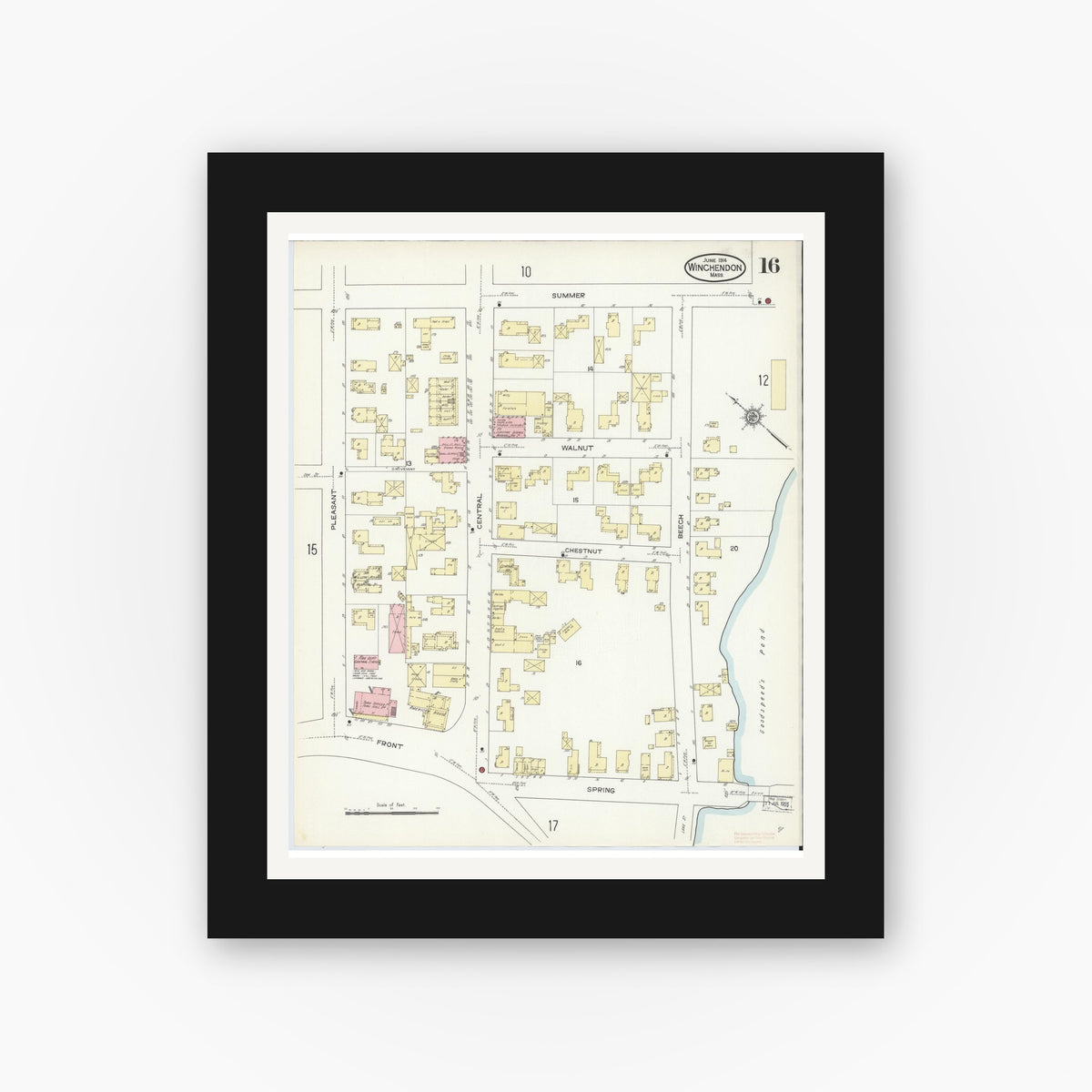 Old map wall art mockup — black gallery frame with white mat — Sanborn Fire Insurance Map from Winchendon, Worcester County, Massachusetts (1914), Sheet #0016