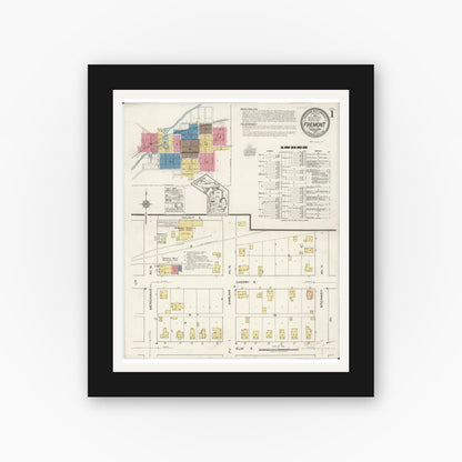 Old map wall art mockup — black gallery frame with white mat — Sanborn Fire Insurance Map from Fremont, Newaygo County, Michigan (1921), Sheet #0001