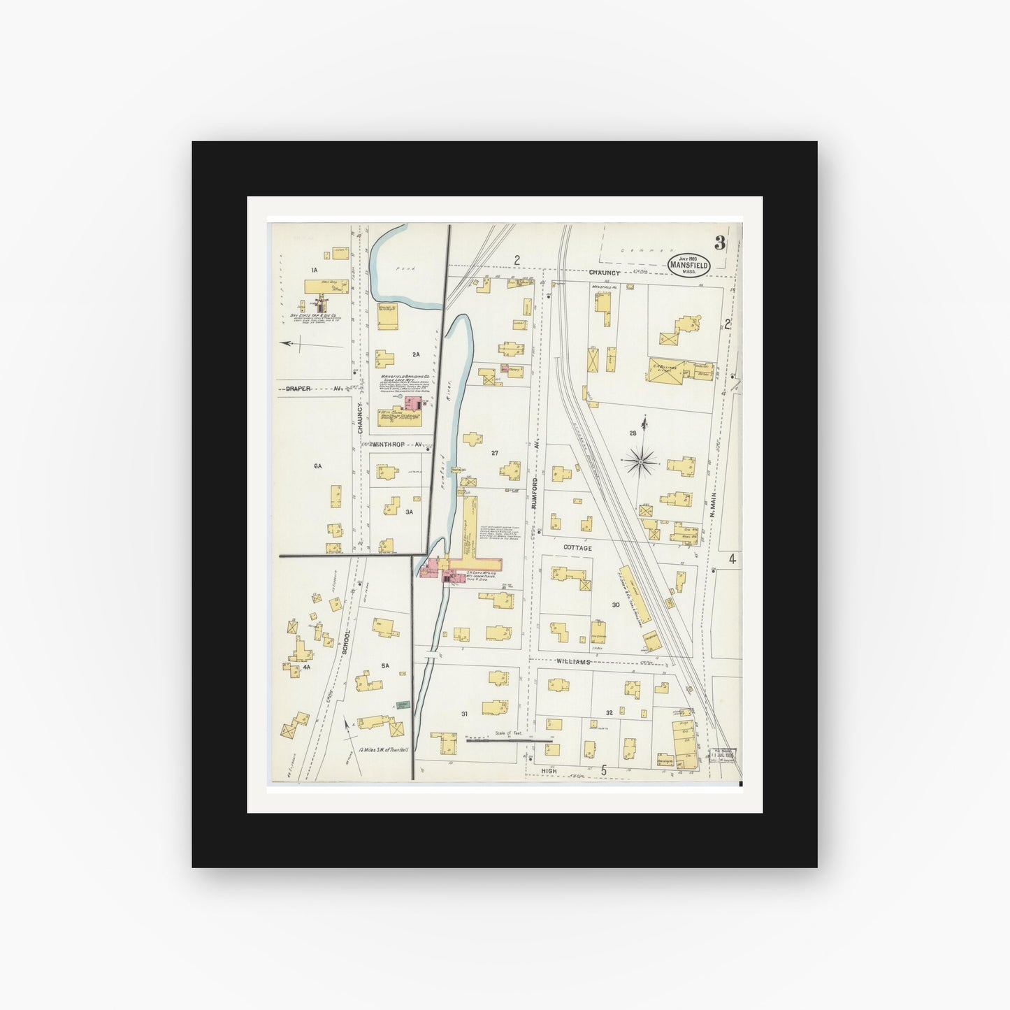 Old map wall art mockup — black gallery frame with white mat — Sanborn Fire Insurance Map from Mansfield, Bristol County, Massachusetts (1903), Sheet #0003
