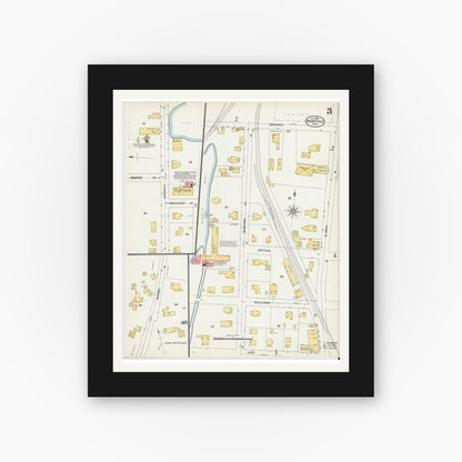 Old map wall art mockup — black gallery frame with white mat — Sanborn Fire Insurance Map from Mansfield, Bristol County, Massachusetts (1903), Sheet #0003
