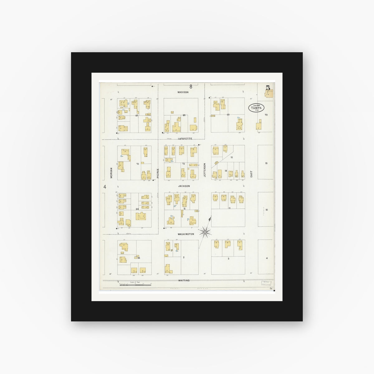 Old map wall art mockup — black gallery frame with white mat — Sanborn Fire Insurance Map from Tampa, Hillsborough County, Florida (1899), Sheet #0005