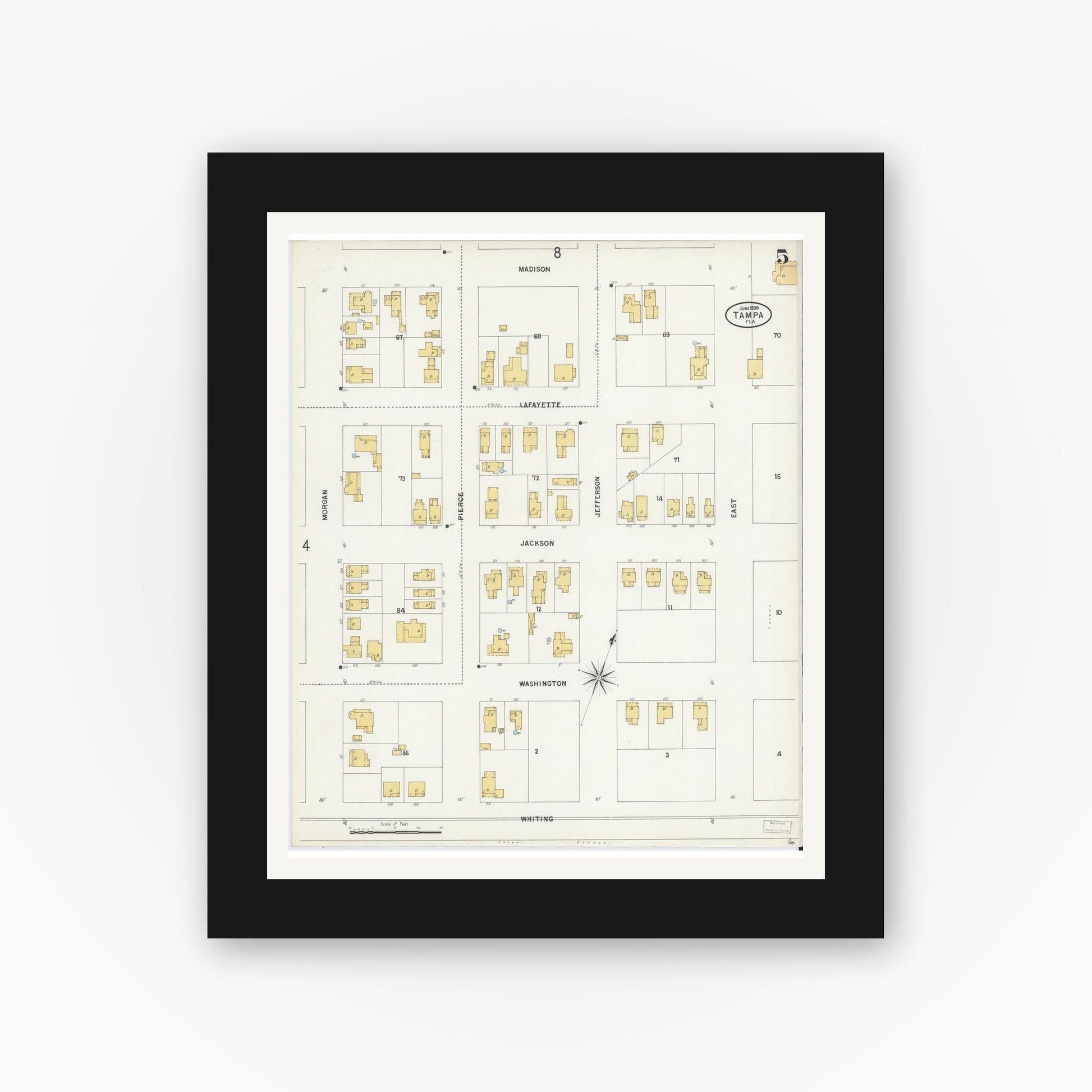 Old map wall art mockup — black gallery frame with white mat — Sanborn Fire Insurance Map from Tampa, Hillsborough County, Florida (1899), Sheet #0005